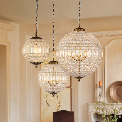 Spherical Crystal Chandelier with Aged Brass Frame – Hardwired Ceiling Fixture for Dining Room & Entryway