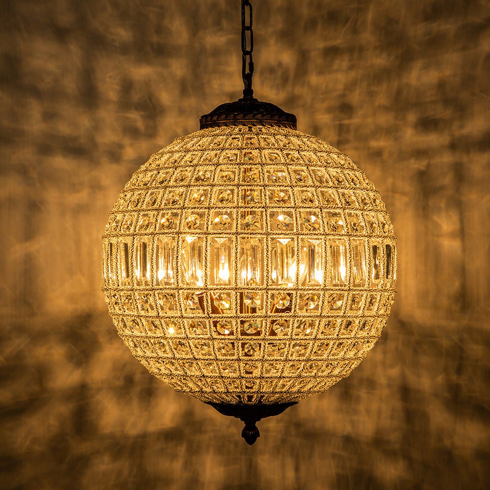 Spherical Crystal Chandelier with Aged Brass Frame – Hardwired Ceiling Fixture for Dining Room & Entryway