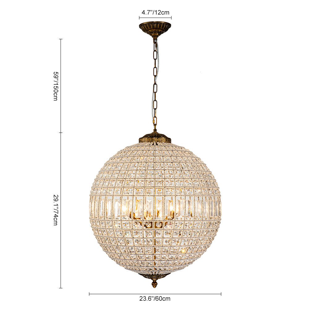 Spherical Crystal Chandelier with Aged Brass Frame – Hardwired Ceiling Fixture for Dining Room & Entryway