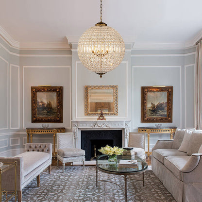 Spherical Crystal Chandelier with Aged Brass Frame – Hardwired Ceiling Fixture for Dining Room & Entryway