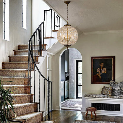 Spherical Crystal Chandelier with Aged Brass Frame – Hardwired Ceiling Fixture for Dining Room & Entryway