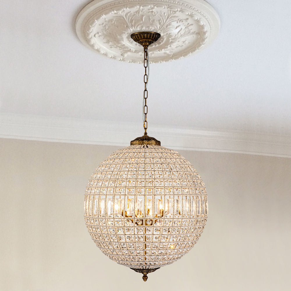 Spherical Crystal Chandelier with Aged Brass Frame – Hardwired Ceiling Fixture for Dining Room & Entryway