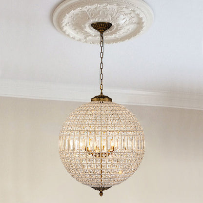 Spherical Crystal Chandelier with Aged Brass Frame – Hardwired Ceiling Fixture for Dining Room & Entryway