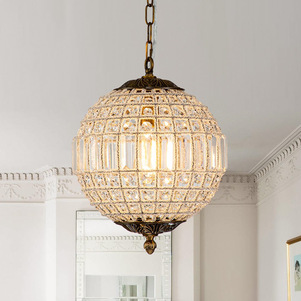 Spherical Crystal Chandelier with Aged Brass Frame – Hardwired Ceiling Fixture for Dining Room & Entryway