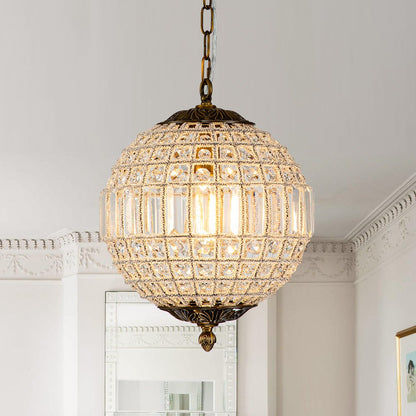 Spherical Crystal Chandelier with Aged Brass Frame – Hardwired Ceiling Fixture for Dining Room & Entryway