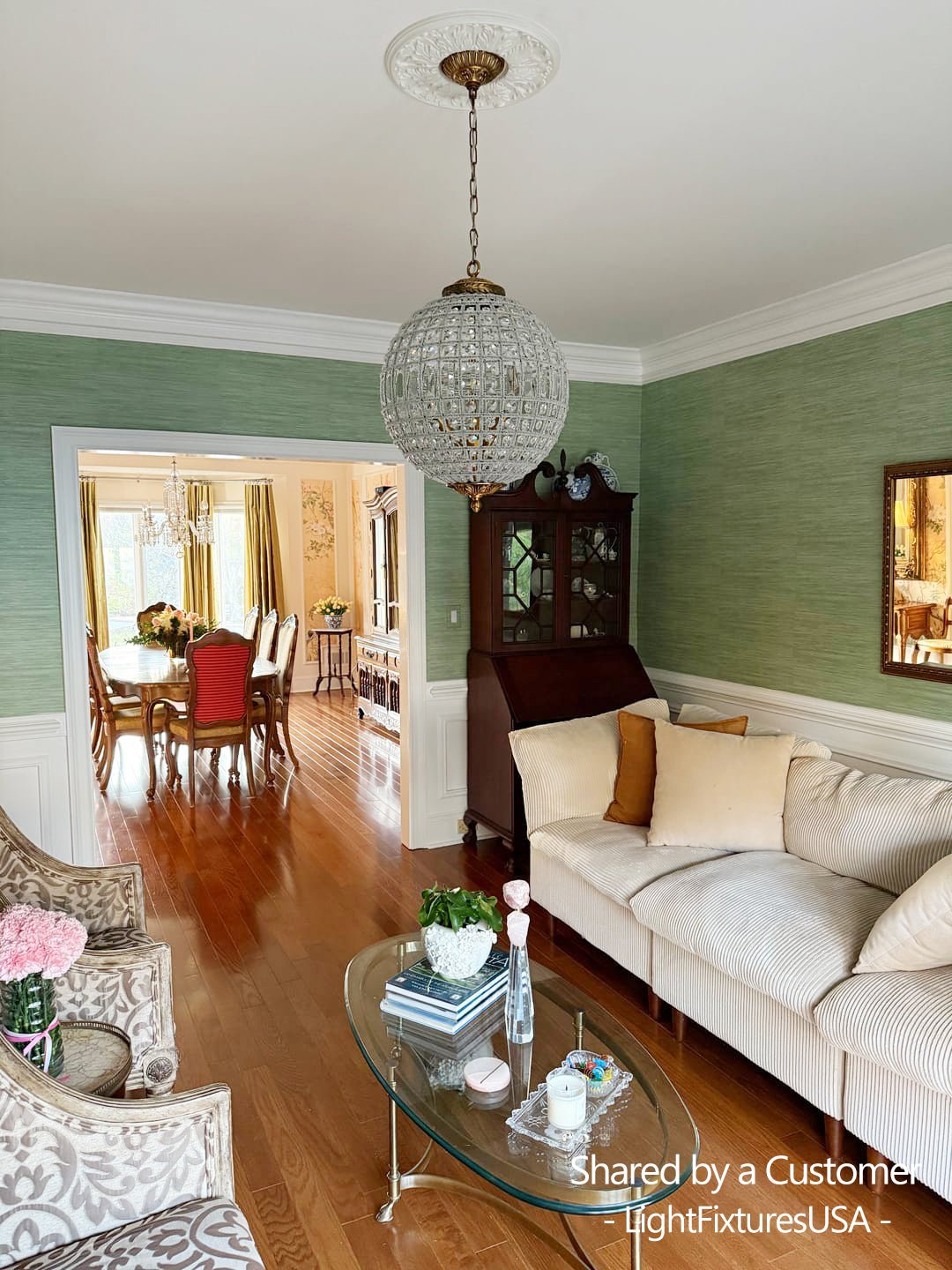 Spherical Crystal Chandelier with Aged Brass Frame – Hardwired Ceiling Fixture for Dining Room & Entryway