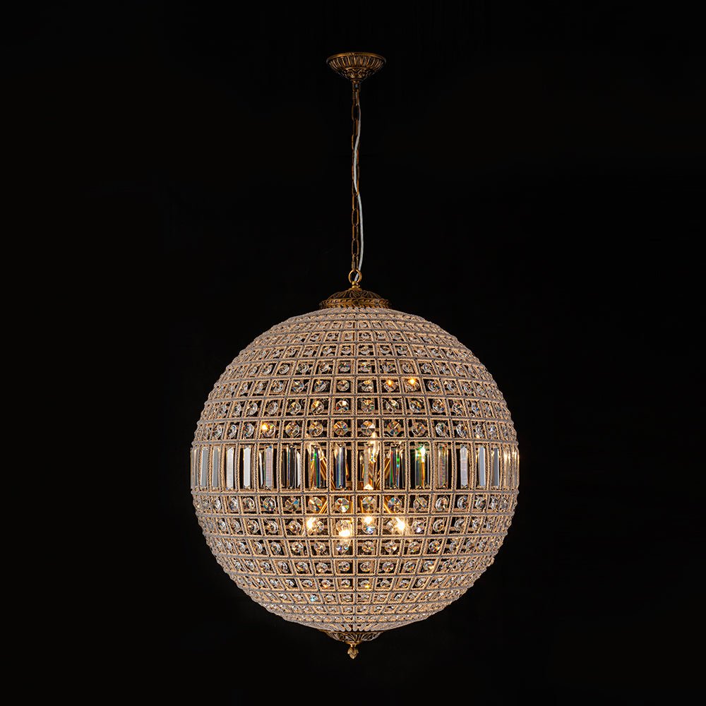 Spherical Crystal Chandelier with Aged Brass Frame – Hardwired Ceiling Fixture for Dining Room & Entryway