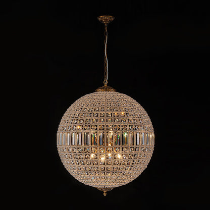 Spherical Crystal Chandelier with Aged Brass Frame – Hardwired Ceiling Fixture for Dining Room & Entryway