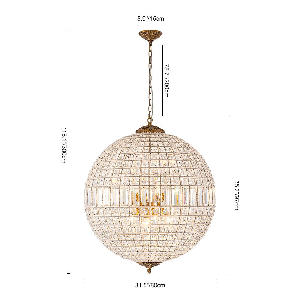 Spherical Crystal Chandelier with Aged Brass Frame – Hardwired Ceiling Fixture for Dining Room & Entryway