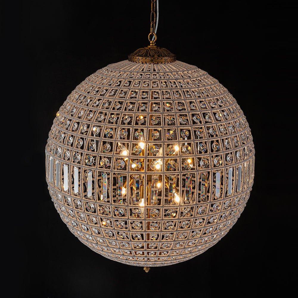 Spherical Crystal Chandelier with Aged Brass Frame – Hardwired Ceiling Fixture for Dining Room & Entryway