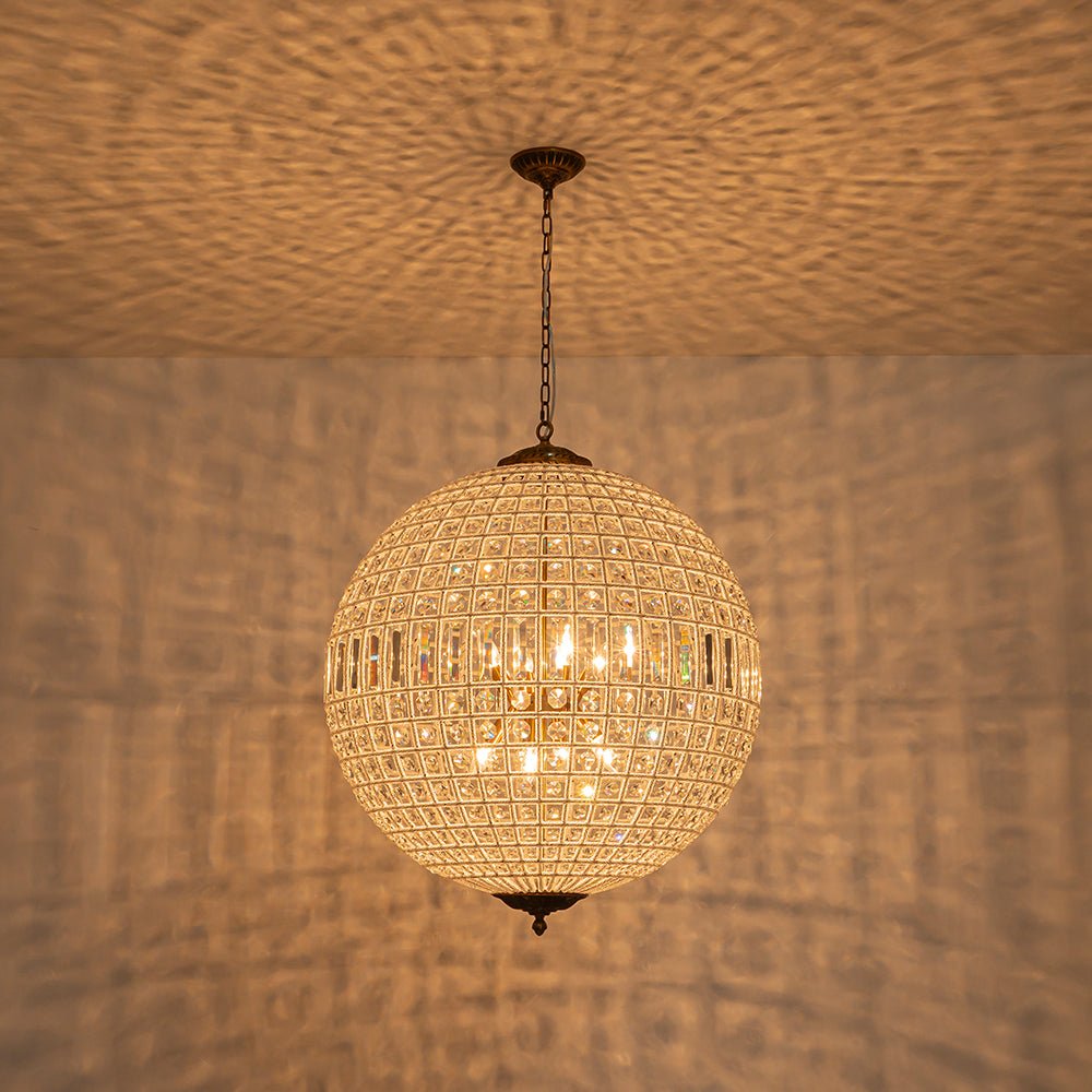 Spherical Crystal Chandelier with Aged Brass Frame – Hardwired Ceiling Fixture for Dining Room & Entryway
