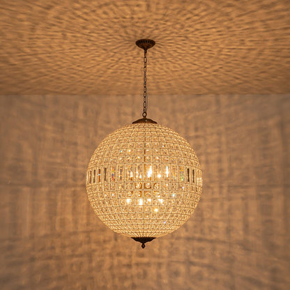 Spherical Crystal Chandelier with Aged Brass Frame – Hardwired Ceiling Fixture for Dining Room & Entryway