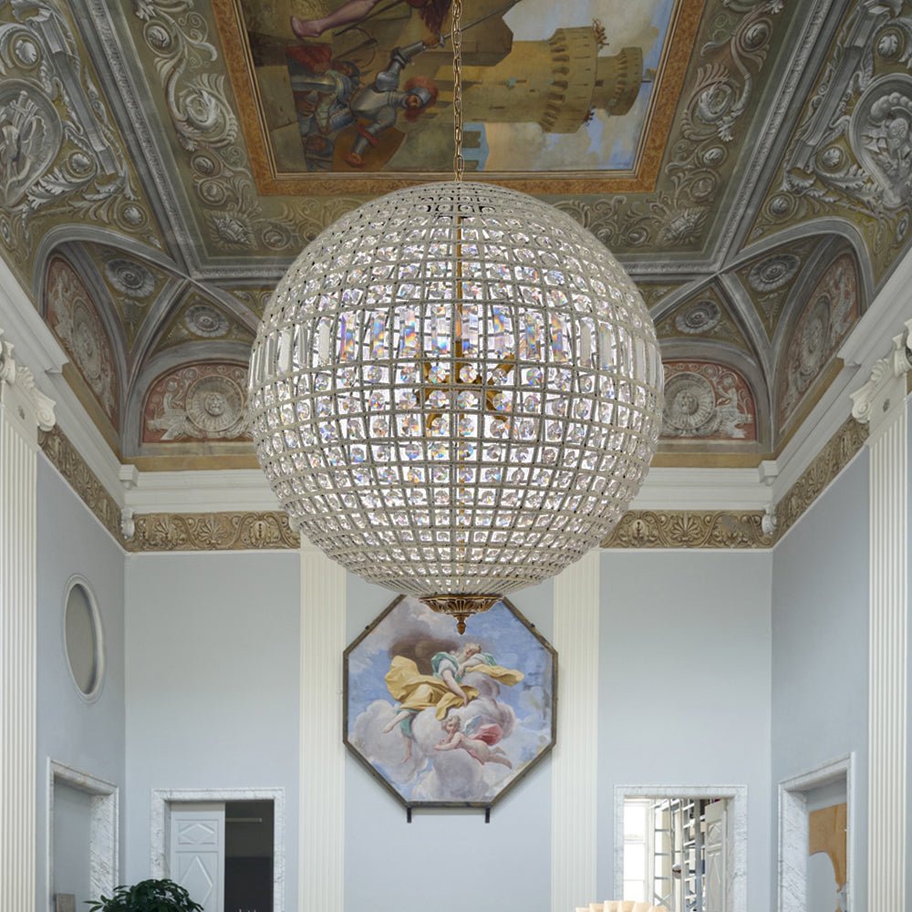 Spherical Crystal Chandelier with Aged Brass Frame – Hardwired Ceiling Fixture for Dining Room & Entryway