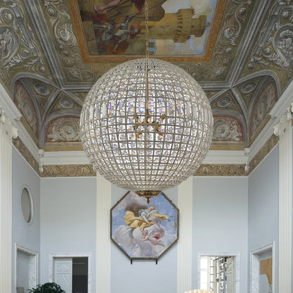 Spherical Crystal Chandelier with Aged Brass Frame – Hardwired Ceiling Fixture for Dining Room & Entryway