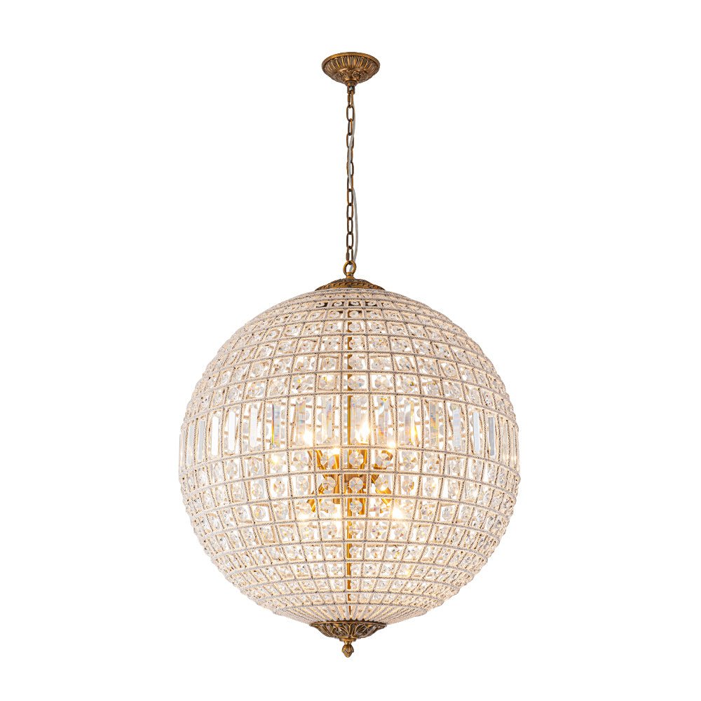 Spherical Crystal Chandelier with Aged Brass Frame – Hardwired Ceiling Fixture for Dining Room & Entryway
