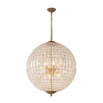 Spherical Crystal Chandelier with Aged Brass Frame – Hardwired Ceiling Fixture for Dining Room & Entryway