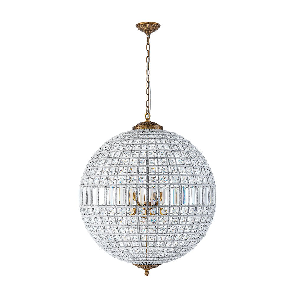 Spherical Crystal Chandelier with Aged Brass Frame – Hardwired Ceiling Fixture for Dining Room & Entryway