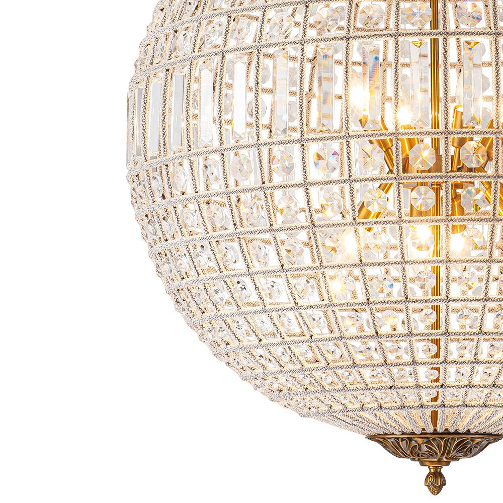 Spherical Crystal Chandelier with Aged Brass Frame – Hardwired Ceiling Fixture for Dining Room & Entryway