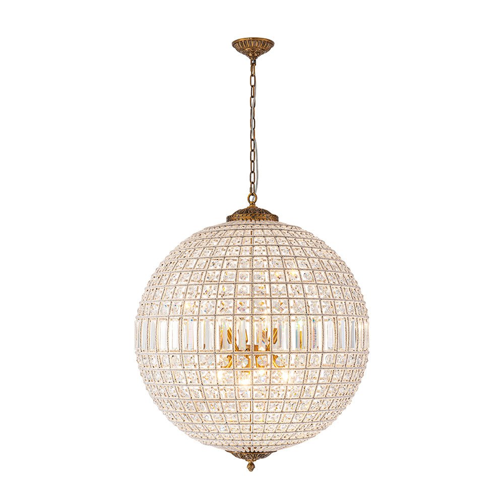 Spherical Crystal Chandelier with Aged Brass Frame – Hardwired Ceiling Fixture for Dining Room & Entryway