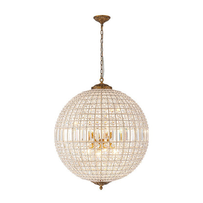 Spherical Crystal Chandelier with Aged Brass Frame – Hardwired Ceiling Fixture for Dining Room & Entryway