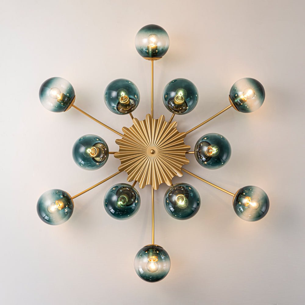 12-Arm Starburst Ceiling Light with Gradient Azure Sphere Shades & Metallic Finish for Entryway