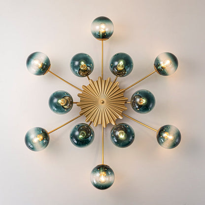 12-Arm Starburst Ceiling Light with Gradient Azure Sphere Shades & Metallic Finish for Entryway