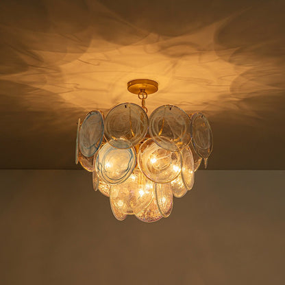 Layered Round Ceiling Fixture with Hand-Blown Sapphire Swirl Glass Discs for Dining Room & Entryway
