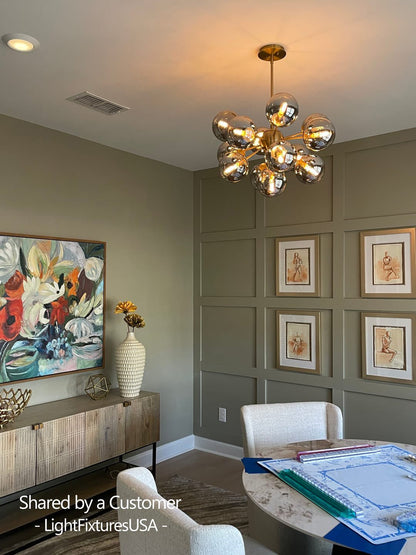 13-Light Sputnik Chandelier with Tinted Glass Globes, 24-Inch Diameter, Adjustable Height Dining Room Fixture for Mid-Century & Modern Homes