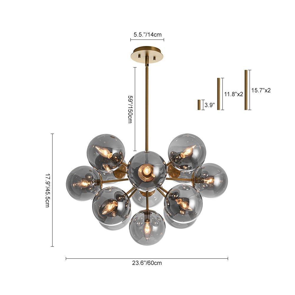 13-Light Sputnik Chandelier with Tinted Glass Globes, 24-Inch Diameter, Adjustable Height Dining Room Fixture for Mid-Century & Modern Homes