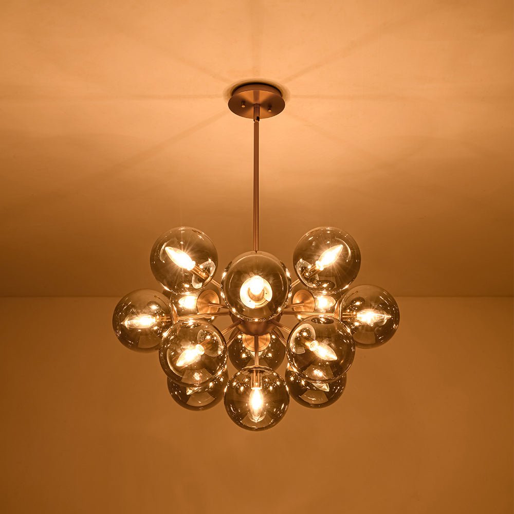 13-Light Sputnik Chandelier with Tinted Glass Globes, 24-Inch Diameter, Adjustable Height Dining Room Fixture for Mid-Century & Modern Homes