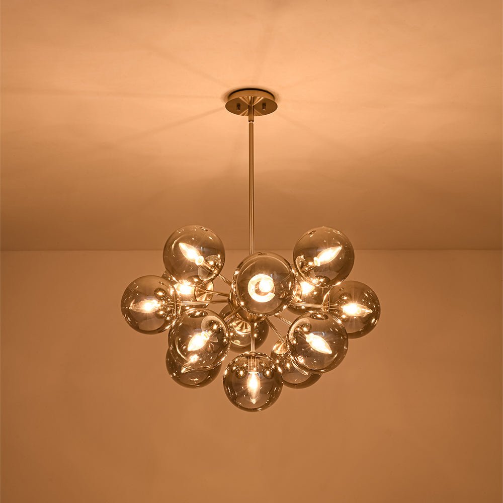 13-Light Sputnik Chandelier with Tinted Glass Globes, 24-Inch Diameter, Adjustable Height Dining Room Fixture for Mid-Century & Modern Homes