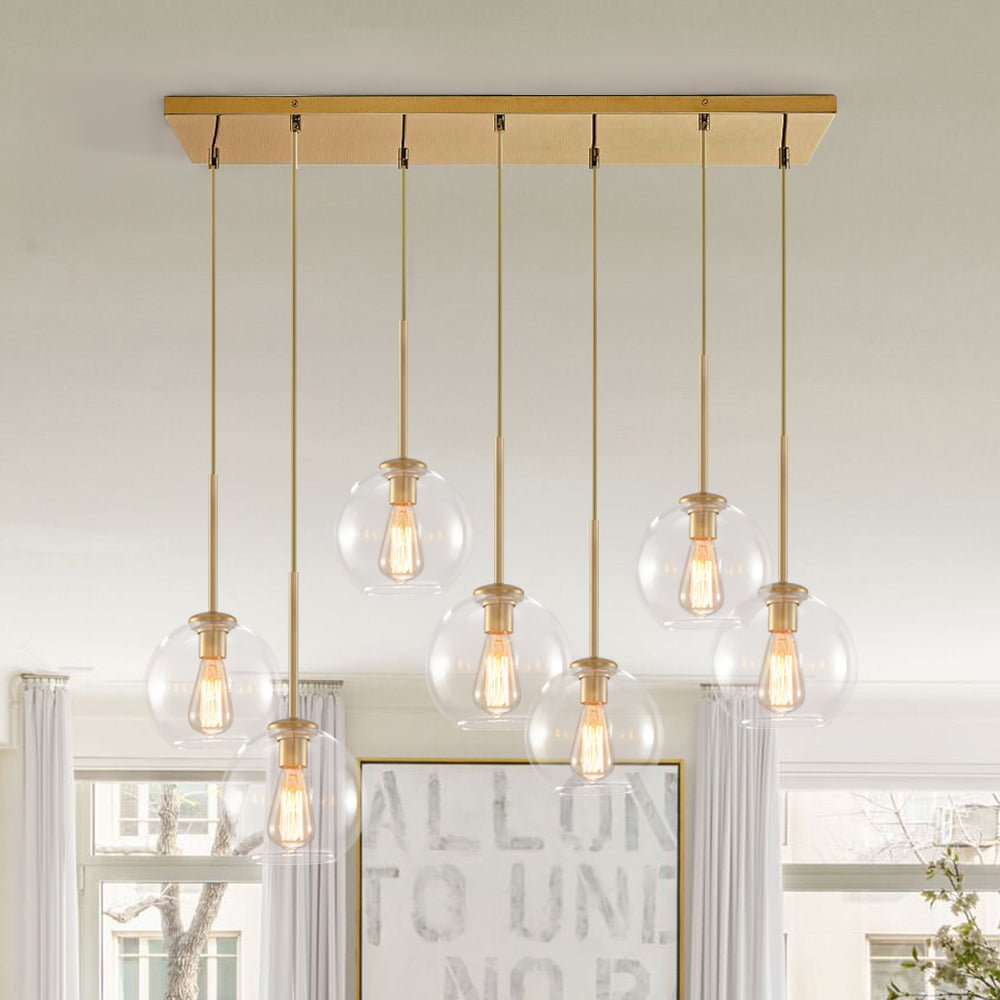 Seven-Globe Hanging Light with Adjustable Height Cords for Kitchen Island & Dining Table, Clear Glass Spheres, 35-Inch Canopy, E26 Base, Dim