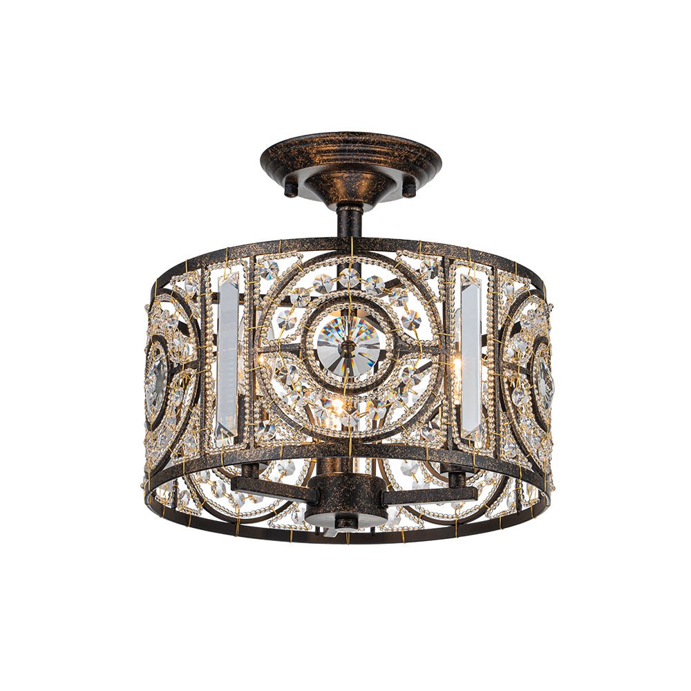 Semi-Flush Mount Light with Crystal Drum Shade 12 Inch Black and Gold Finish for Dining Room Bedroom Hallway Entryway Moroccan Vintage Style