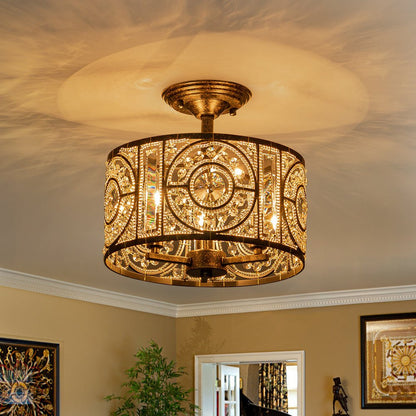 Semi-Flush Mount Light with Crystal Drum Shade 12 Inch Black and Gold Finish for Dining Room Bedroom Hallway Entryway Moroccan Vintage Style