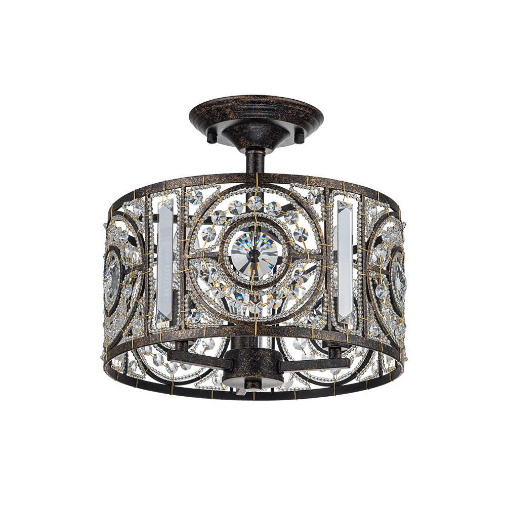 Semi-Flush Mount Light with Crystal Drum Shade 12 Inch Black and Gold Finish for Dining Room Bedroom Hallway Entryway Moroccan Vintage Style