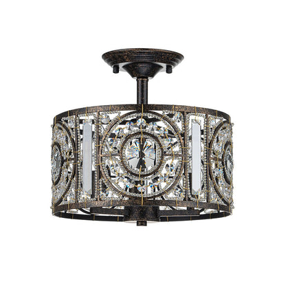 Semi-Flush Mount Light with Crystal Drum Shade 12 Inch Black and Gold Finish for Dining Room Bedroom Hallway Entryway Moroccan Vintage Style