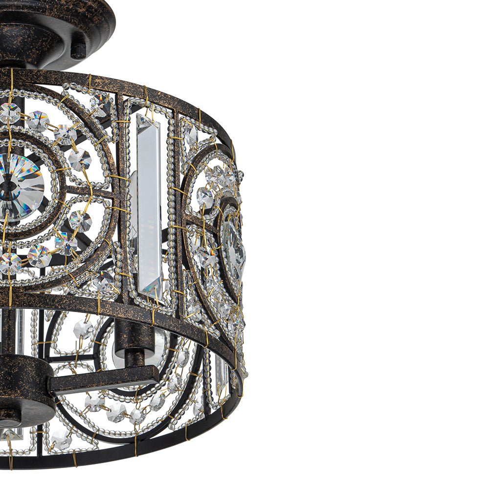 Semi-Flush Mount Light with Crystal Drum Shade 12 Inch Black and Gold Finish for Dining Room Bedroom Hallway Entryway Moroccan Vintage Style