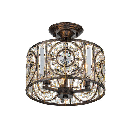 Semi-Flush Mount Light with Crystal Drum Shade 12 Inch Black and Gold Finish for Dining Room Bedroom Hallway Entryway Moroccan Vintage Style