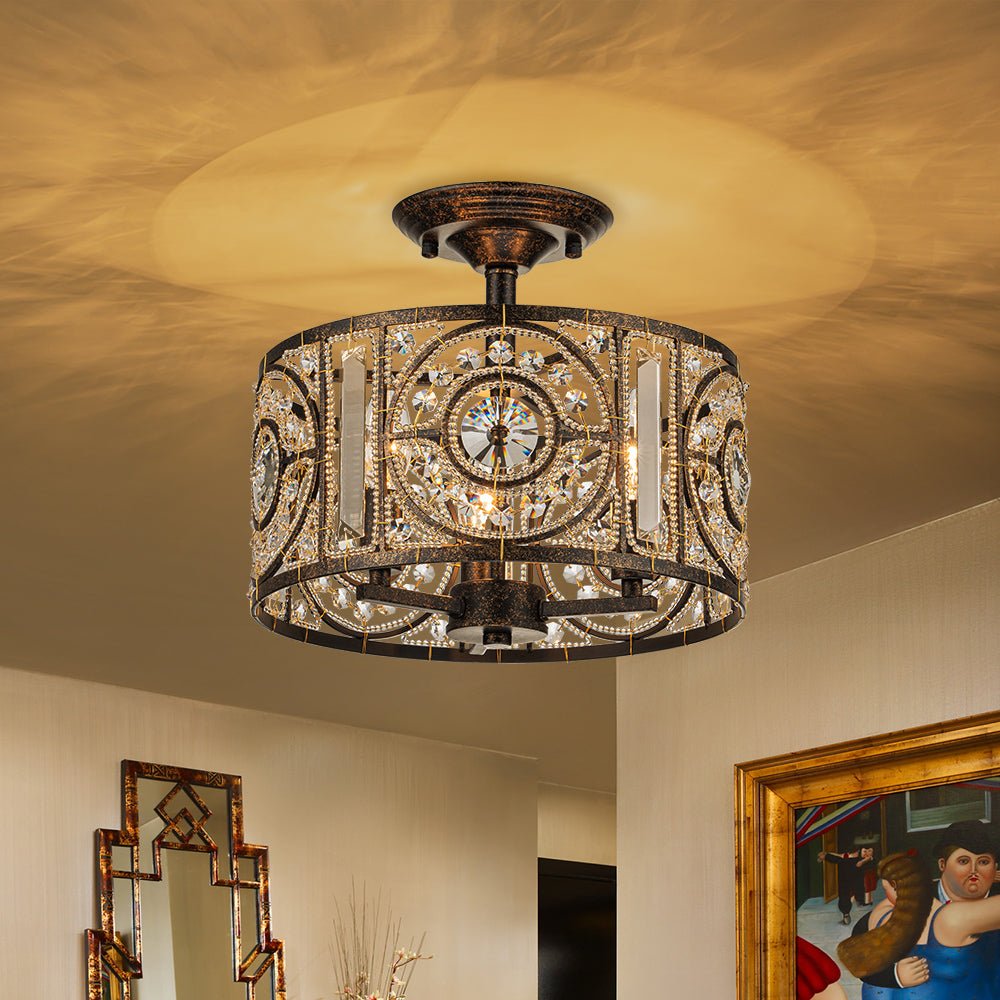 Semi-Flush Mount Light with Crystal Drum Shade 12 Inch Black and Gold Finish for Dining Room Bedroom Hallway Entryway Moroccan Vintage Style