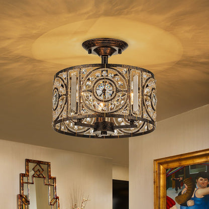 Semi-Flush Mount Light with Crystal Drum Shade 12 Inch Black and Gold Finish for Dining Room Bedroom Hallway Entryway Moroccan Vintage Style