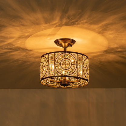 Semi-Flush Mount Light with Crystal Drum Shade 12 Inch Black and Gold Finish for Dining Room Bedroom Hallway Entryway Moroccan Vintage Style