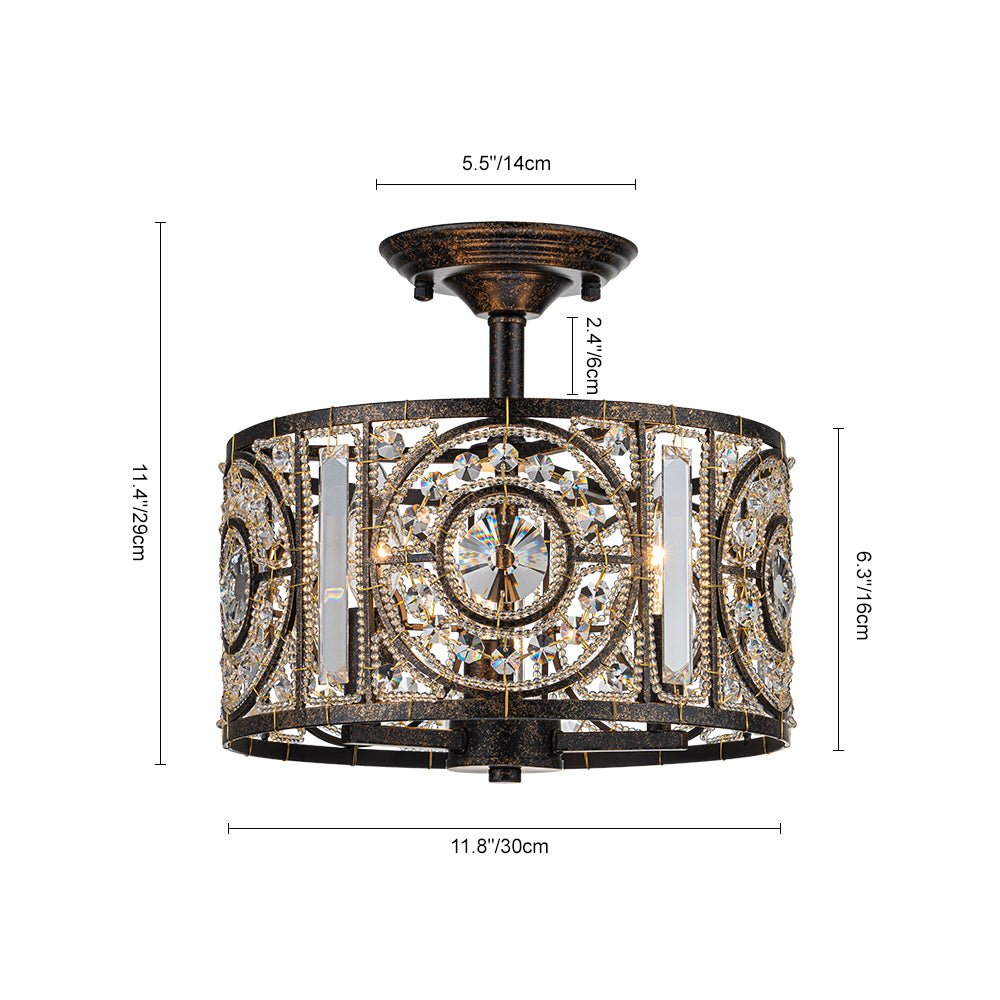 Semi-Flush Mount Light with Crystal Drum Shade 12 Inch Black and Gold Finish for Dining Room Bedroom Hallway Entryway Moroccan Vintage Style