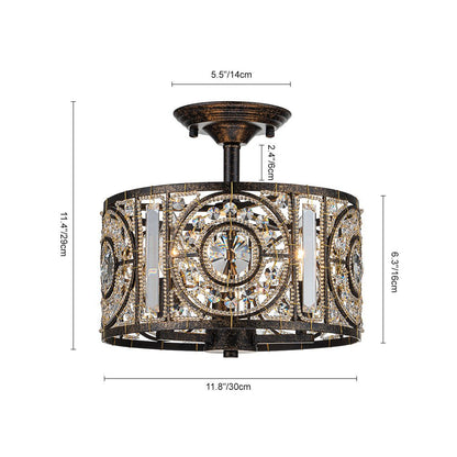 Semi-Flush Mount Light with Crystal Drum Shade 12 Inch Black and Gold Finish for Dining Room Bedroom Hallway Entryway Moroccan Vintage Style