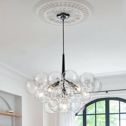 Multi-Globe Hanging Light Fixture Chrome 25 in Adjustable Suspension Cord 20 Glass Orbs LED Ceiling Lamp for Dining Living