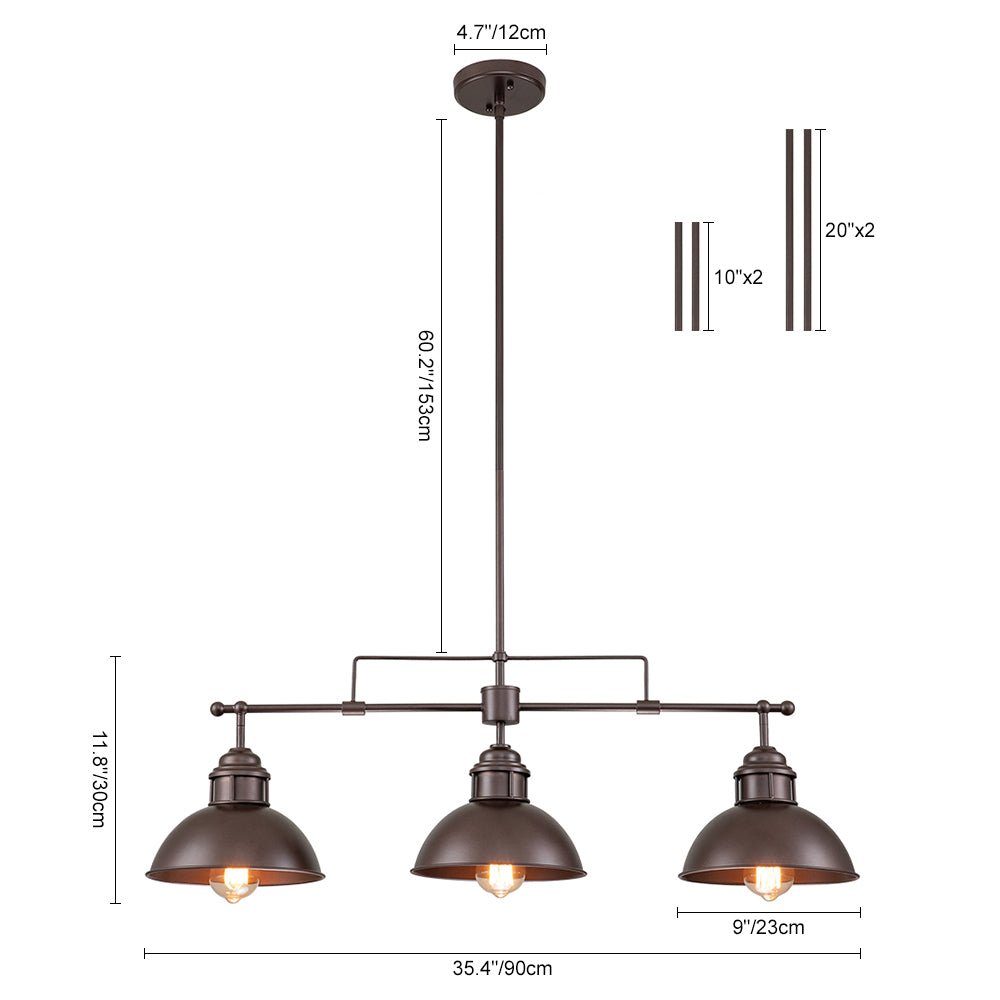 Industrial Kitchen Island Chandelier with Adjustable Drop Rods & Three Dome Shades for Dining Room Hardwired Ceiling Fixture