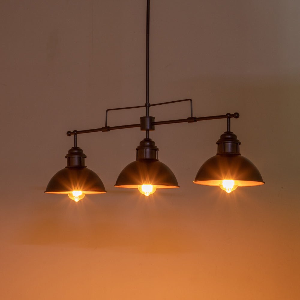 Industrial Kitchen Island Chandelier with Adjustable Drop Rods & Three Dome Shades for Dining Room Hardwired Ceiling Fixture