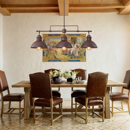 Industrial Kitchen Island Chandelier with Adjustable Drop Rods & Three Dome Shades for Dining Room Hardwired Ceiling Fixture
