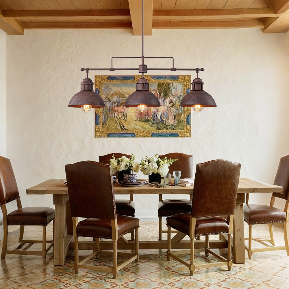 Industrial Kitchen Island Chandelier with Adjustable Drop Rods & Three Dome Shades for Dining Room Hardwired Ceiling Fixture