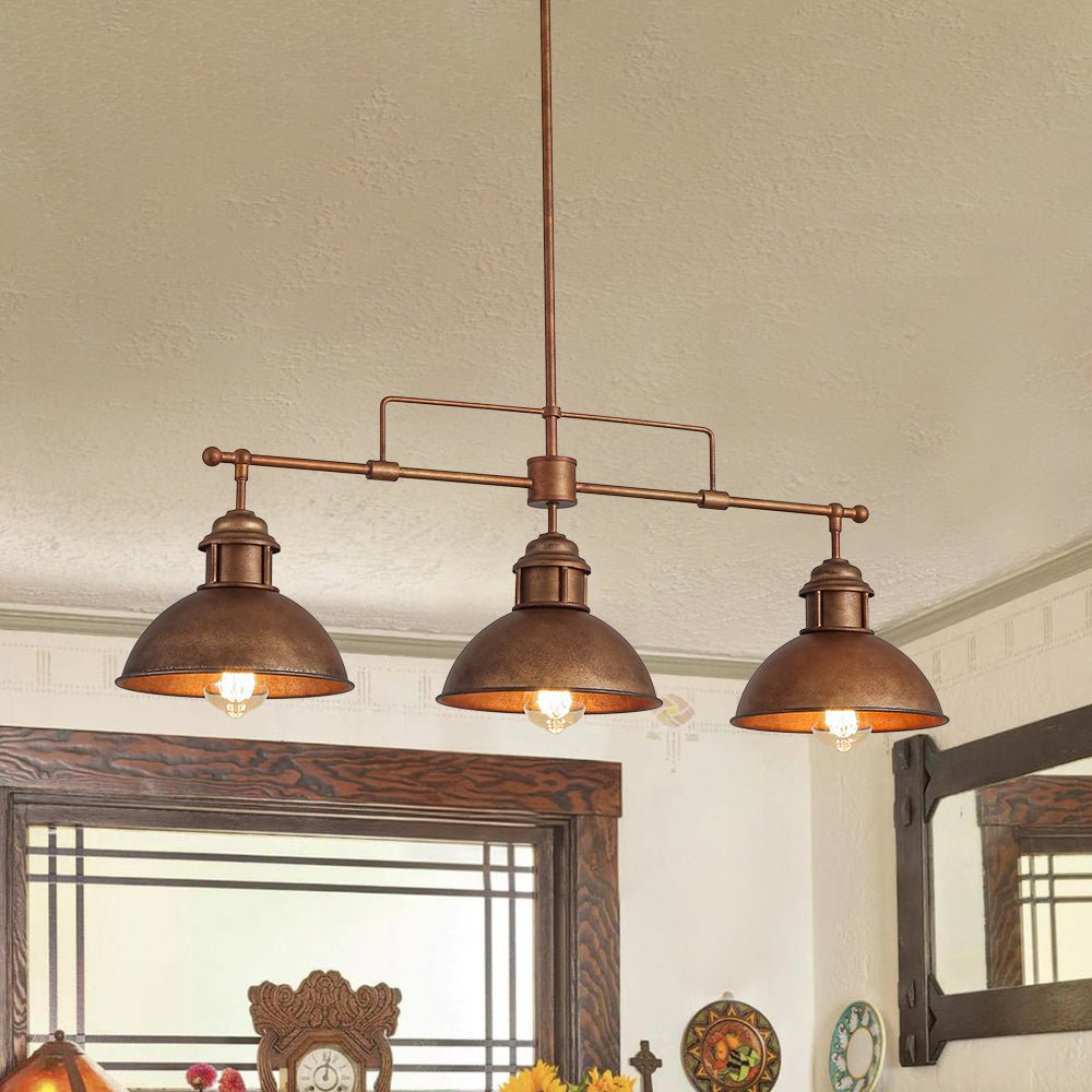 Industrial Kitchen Island Chandelier with Adjustable Drop Rods & Three Dome Shades for Dining Room Hardwired Ceiling Fixture