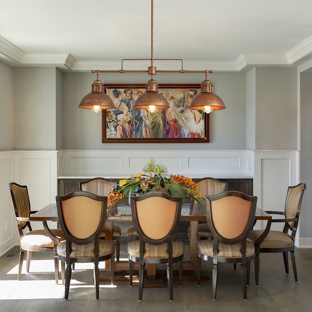 Industrial Kitchen Island Chandelier with Adjustable Drop Rods & Three Dome Shades for Dining Room Hardwired Ceiling Fixture